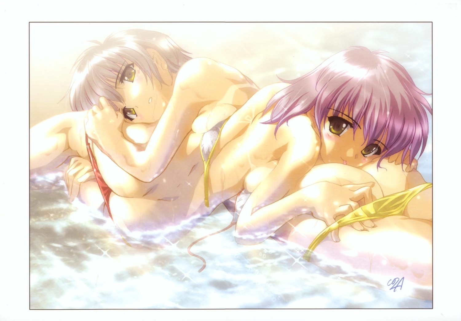 ass bikini komatsu_e-ji panty_pull swimsuits tan_lines topless undressing wet yuri