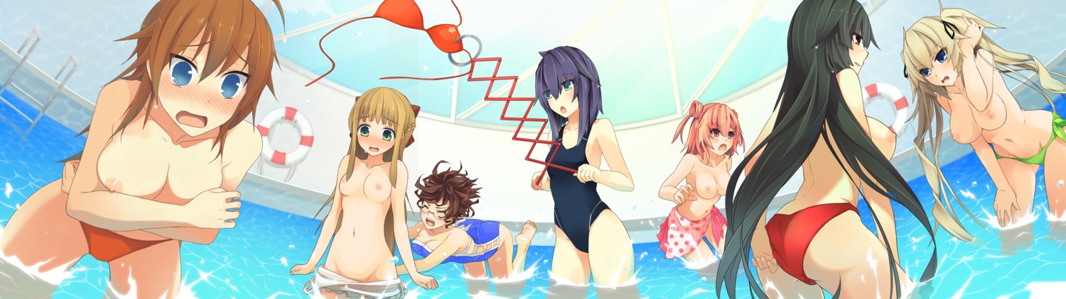 bikini breast_hold game_cg kotori_yuukei kuuchuu_caricature megane natsuiro_asagao_residence nipples swimsuits topless wardrobe_malfunction