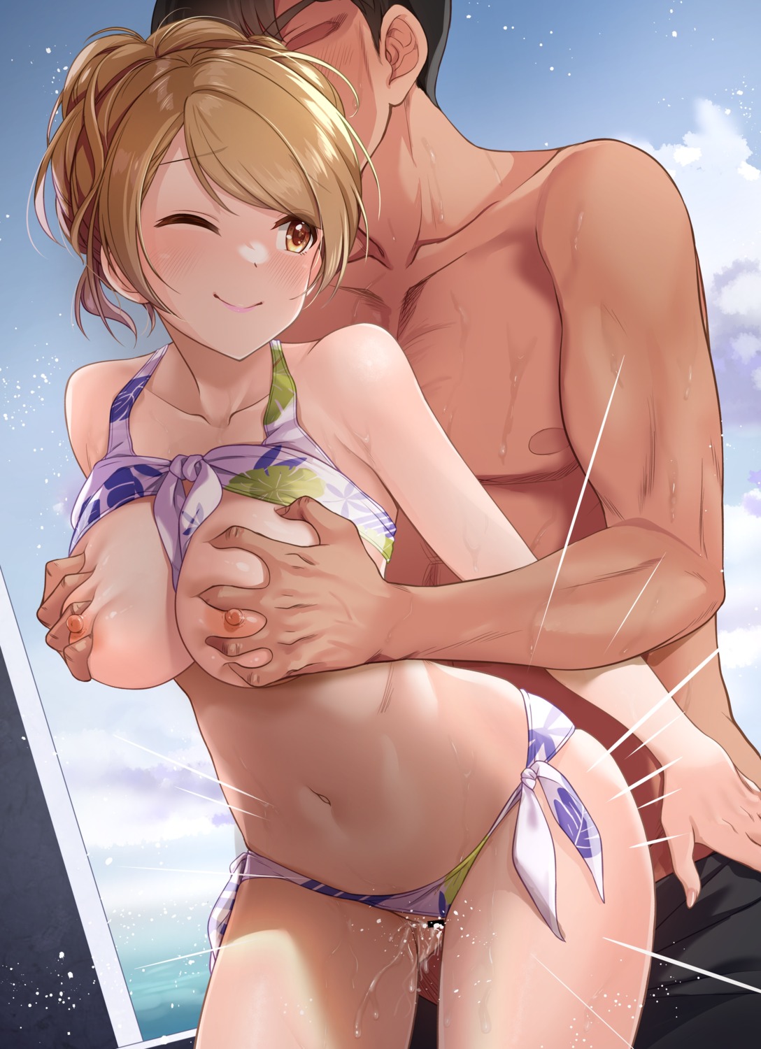 bikini breast_grab breasts houjou_karen mk nipples panty_pull producer pussy_juice sex swimsuits the_idolm@ster the_idolm@ster_cinderella_girls