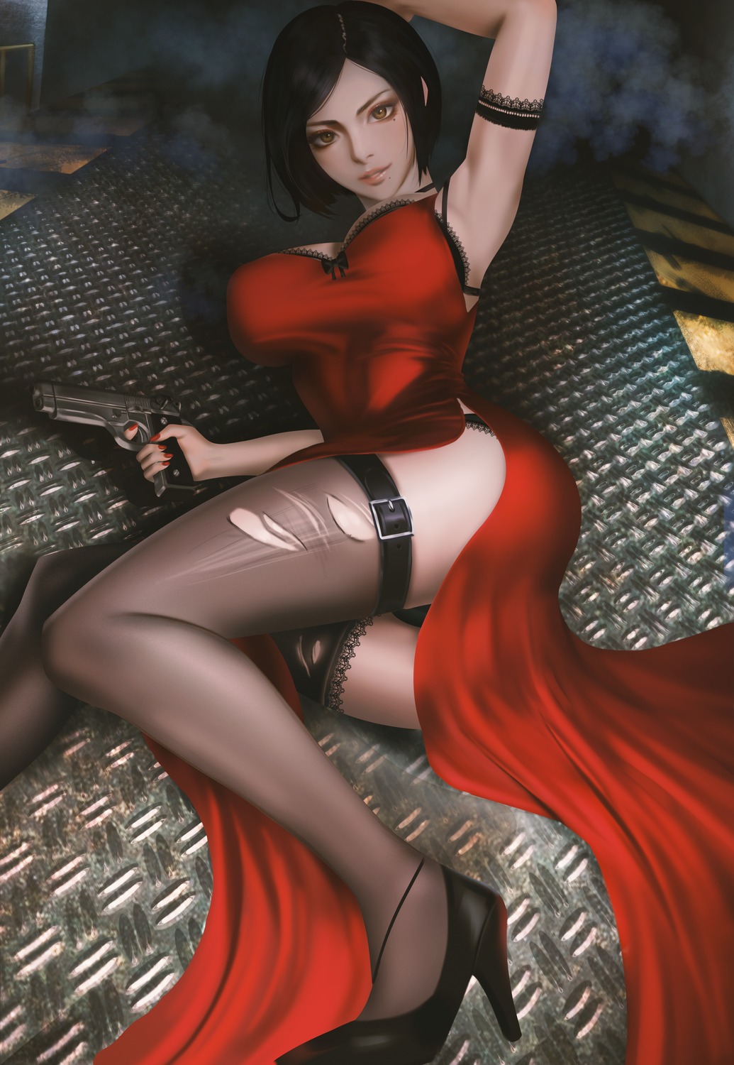 ada_wong dress garter gun heels pantsu resident_evil resident_evil_2 resident_evil_4 skirt_lift sylee thighhighs thong torn_clothes