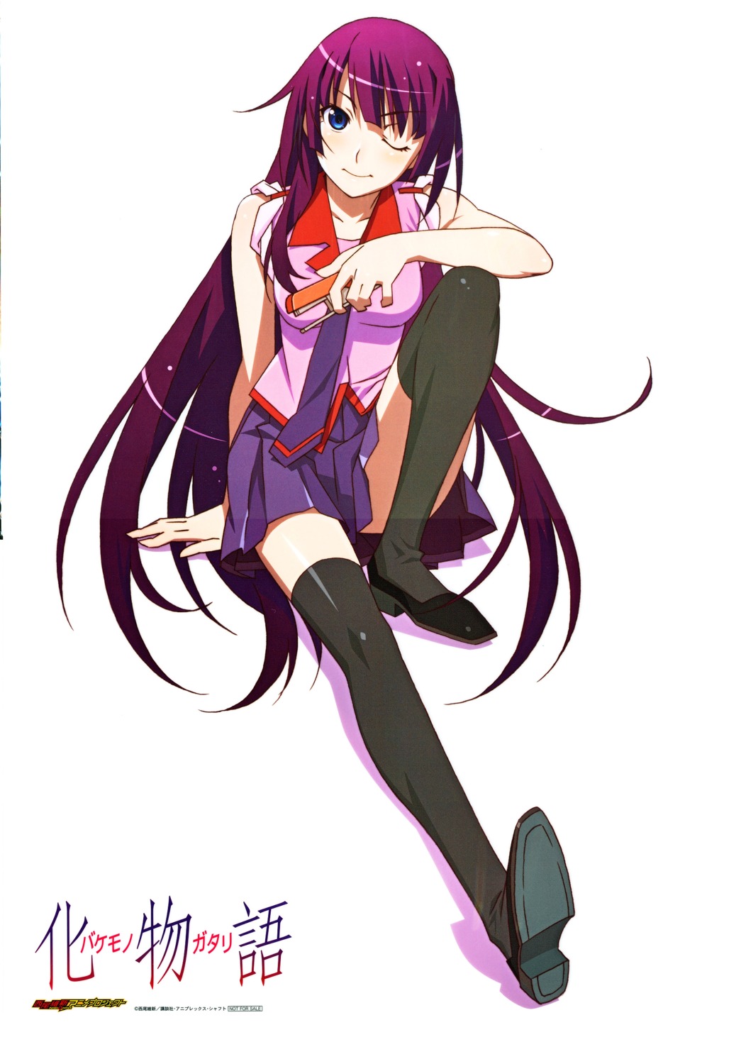 bakemonogatari monogatari_(series) scanning_artifacts screening seifuku senjougahara_hitagi thighhighs