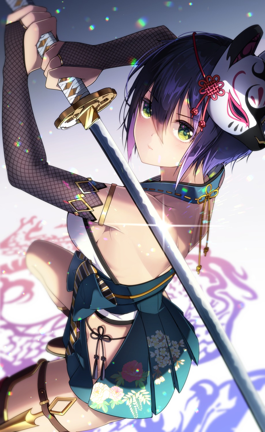 fujiya_takao garter japanese_clothes pantsu string_panties sword weapon
