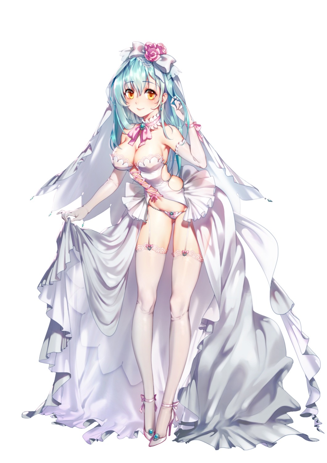 cleavage dress heels no_bra pantsu quuni see_through skirt_lift stockings thighhighs wedding_dress