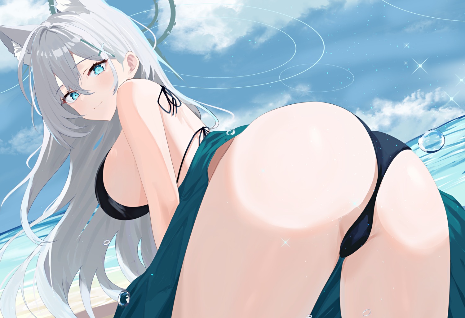 animal_ears ass bikini blue_archive halo natsuki_(natsu_1936) nekomimi shiroko_terror skirt_lift sunaookami_shiroko swimsuits thong