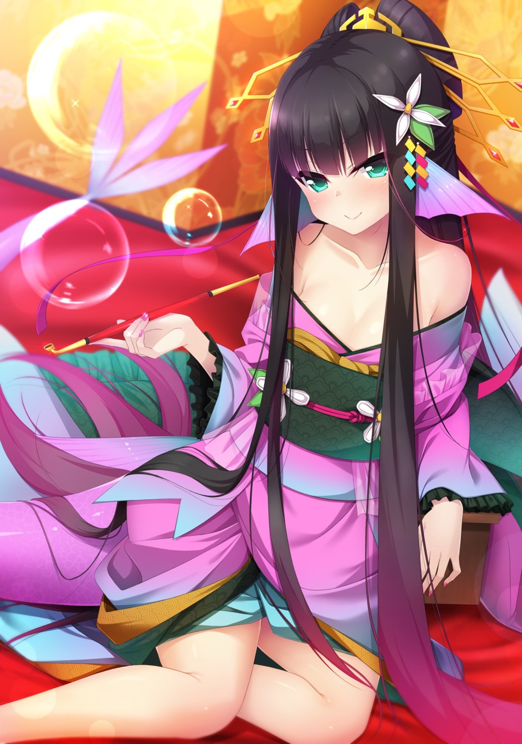 ayakashi_yuukaku_~oiran_amabie_mintanshuu~ casket hisui_(ayakashi_yuukaku) kimono monster_girl no_bra open_shirt skirt_lift tail yu-ta