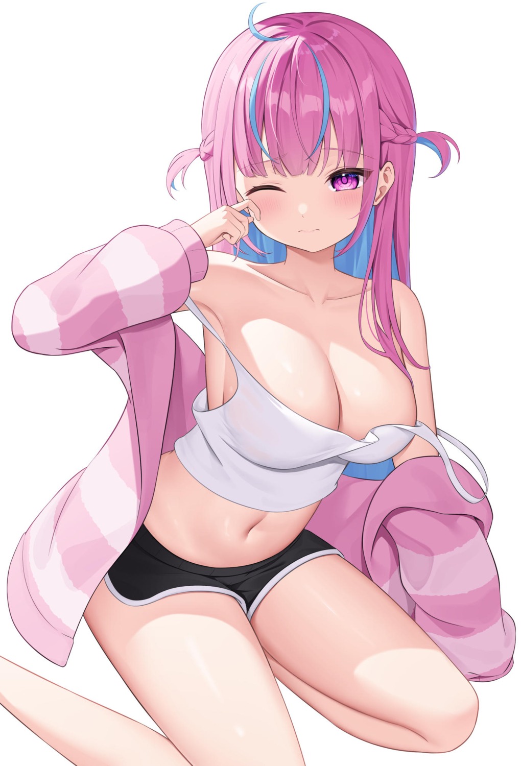 hololive kag_tsukimi minato_aqua no_bra pajama see_through wardrobe_malfunction