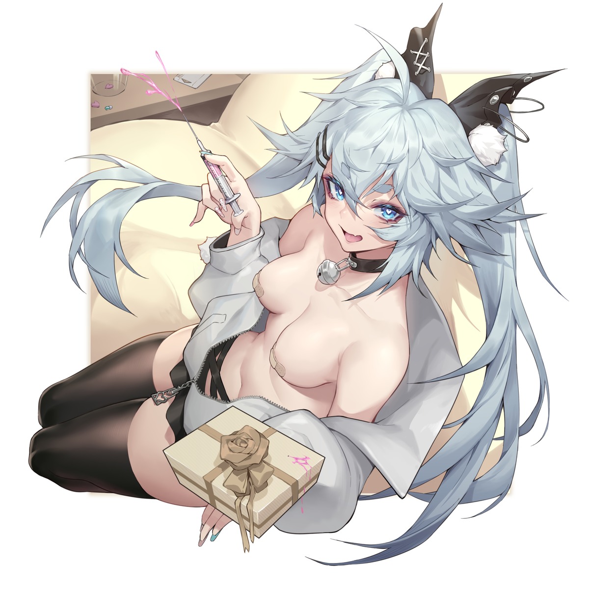 areola bandaid breasts girls_frontline girls_frontline_neural_cloud no_bra open_shirt pa-15_(girls_frontline) pasties shanyao_jiang_tororo thighhighs valentine