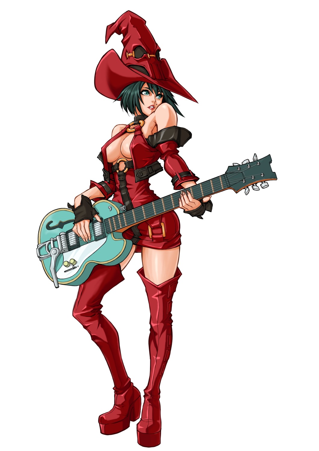 arc_system_works cleavage guilty_gear guilty_gear_xx_accent_core guitar i-no no_bra open_shirt thighhighs witch