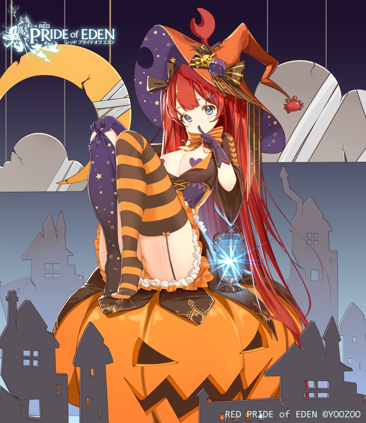 breasts clouble feet halloween no_bra open_shirt pantsu pasties red:_pride_of_eden skirt_lift stockings thighhighs thong witch
