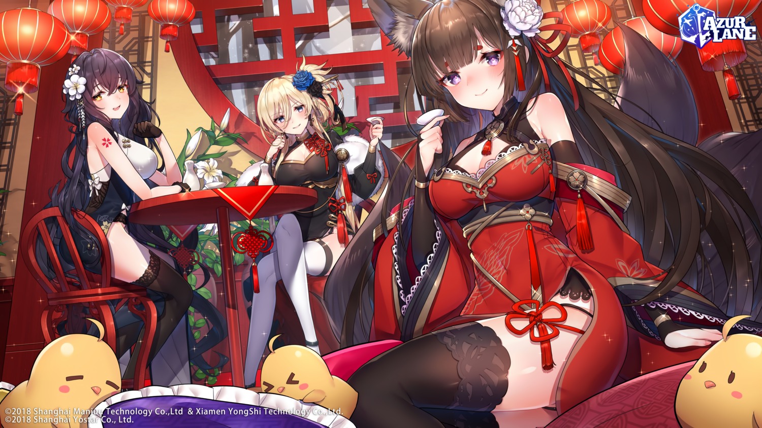 amagi_(azur_lane) animal_ears azuma_(azur_lane) azur_lane bismarck_(azur_lane) chinadress cleavage kitsune kt._(kaisou-notagui) manjuu_(azur_lane) tail tattoo thighhighs