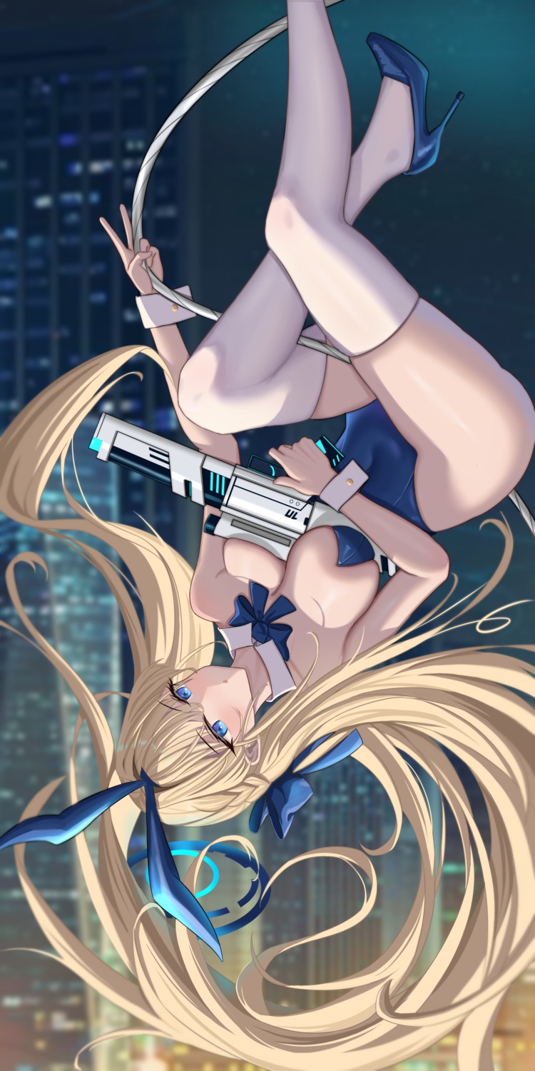 animal_ears asuma_toki blue_archive bunny_ears bunny_girl gun halo heels no_bra stardivine thighhighs