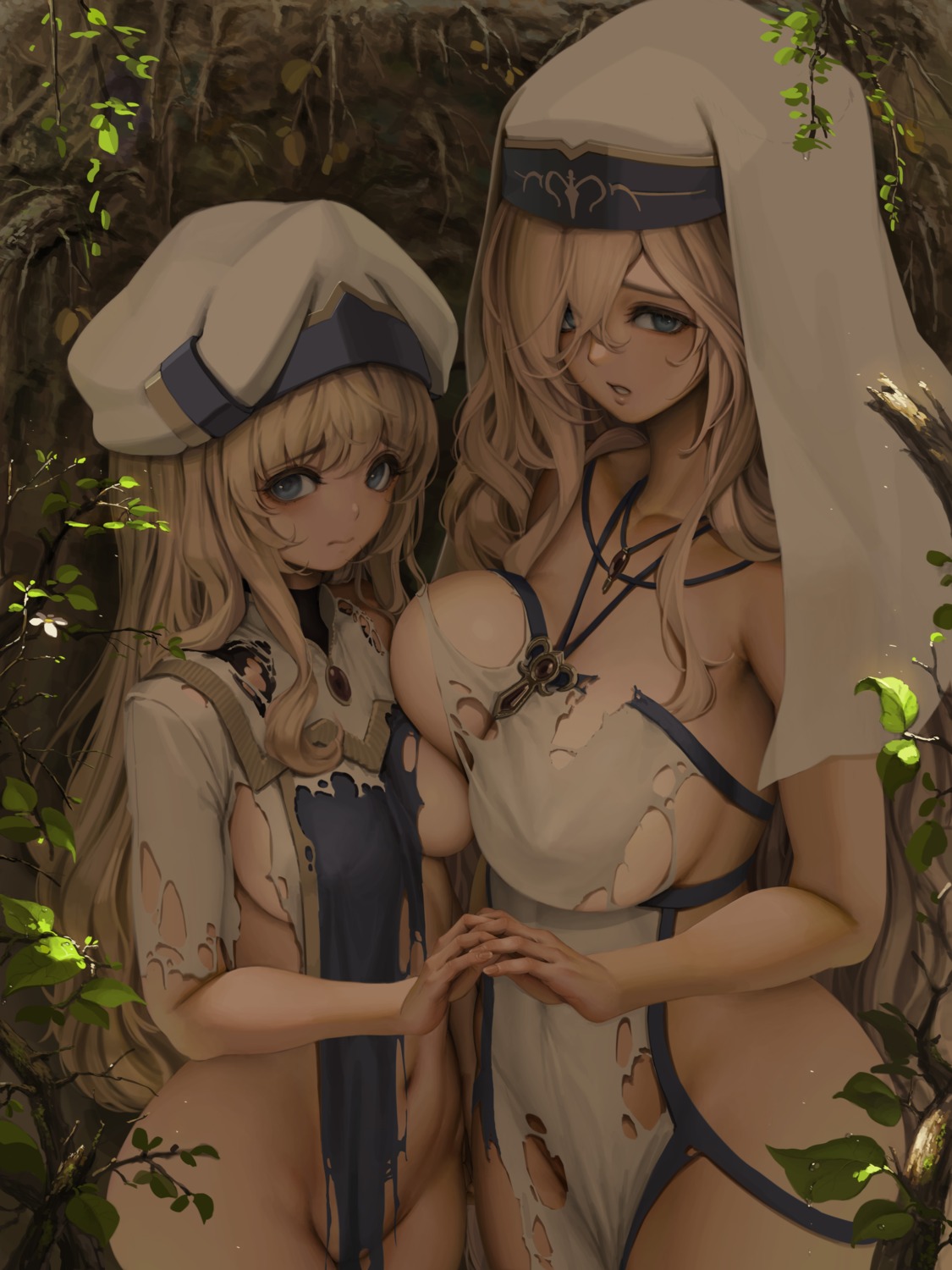 dress goblin_slayer letdie1414 no_bra nopan priestess sword_maiden torn_clothes