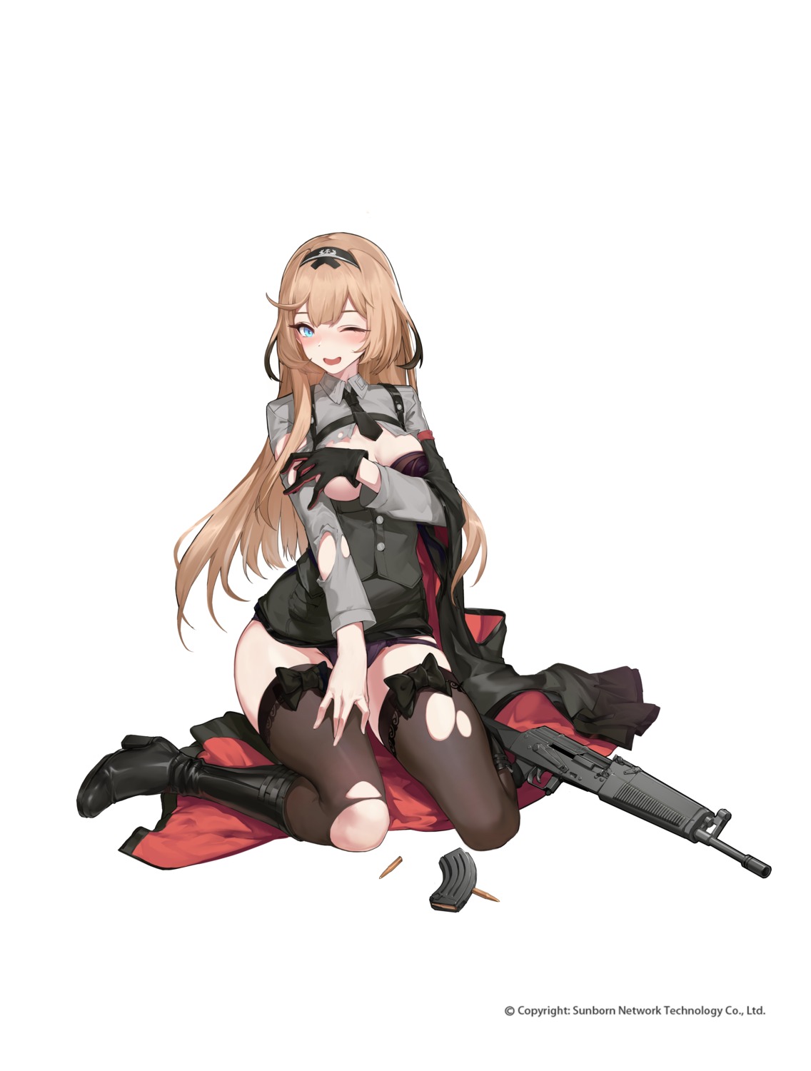 bra breast_hold breasts girls_frontline gun heels pantsu panty_pull reisun001 stg940_(girls_frontline) thighhighs torn_clothes uniform