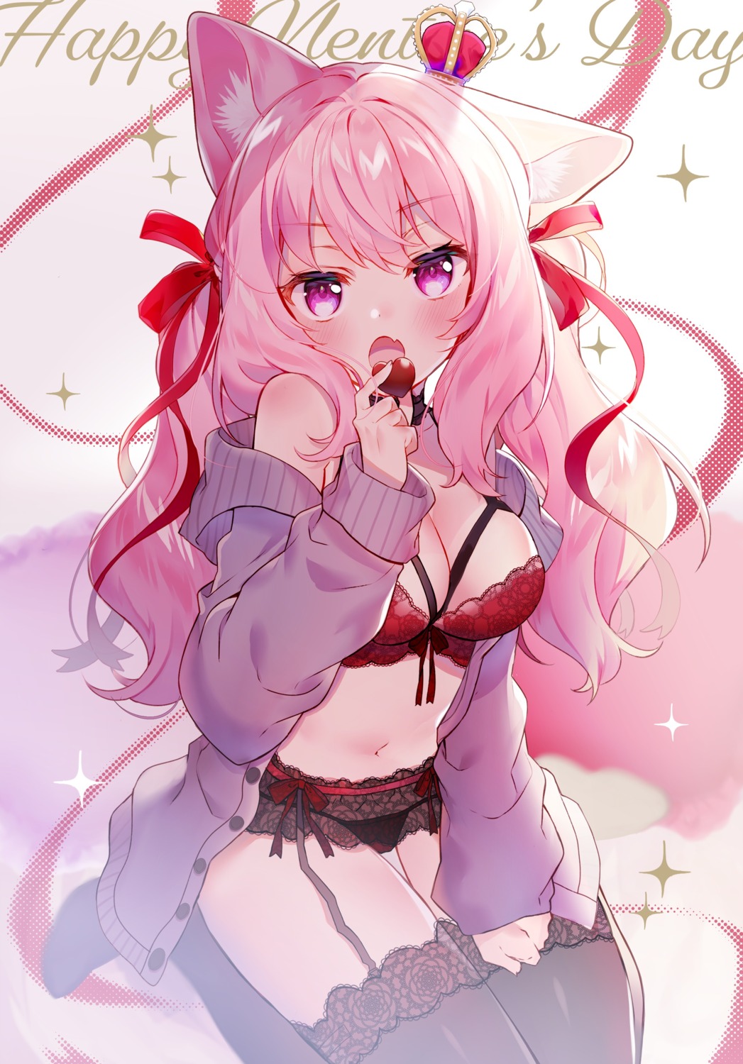 animal_ears bra cleavage garter_belt kawachi_rin nekomimi open_shirt pantsu stockings sweater thighhighs valentine