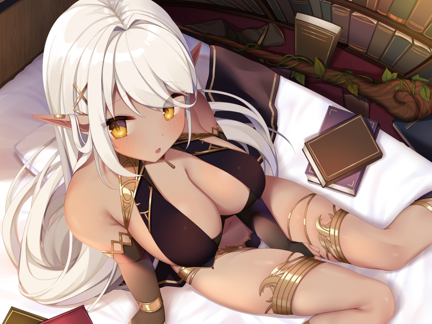 cleavage elf garter no_bra pointy_ears shika_yuno