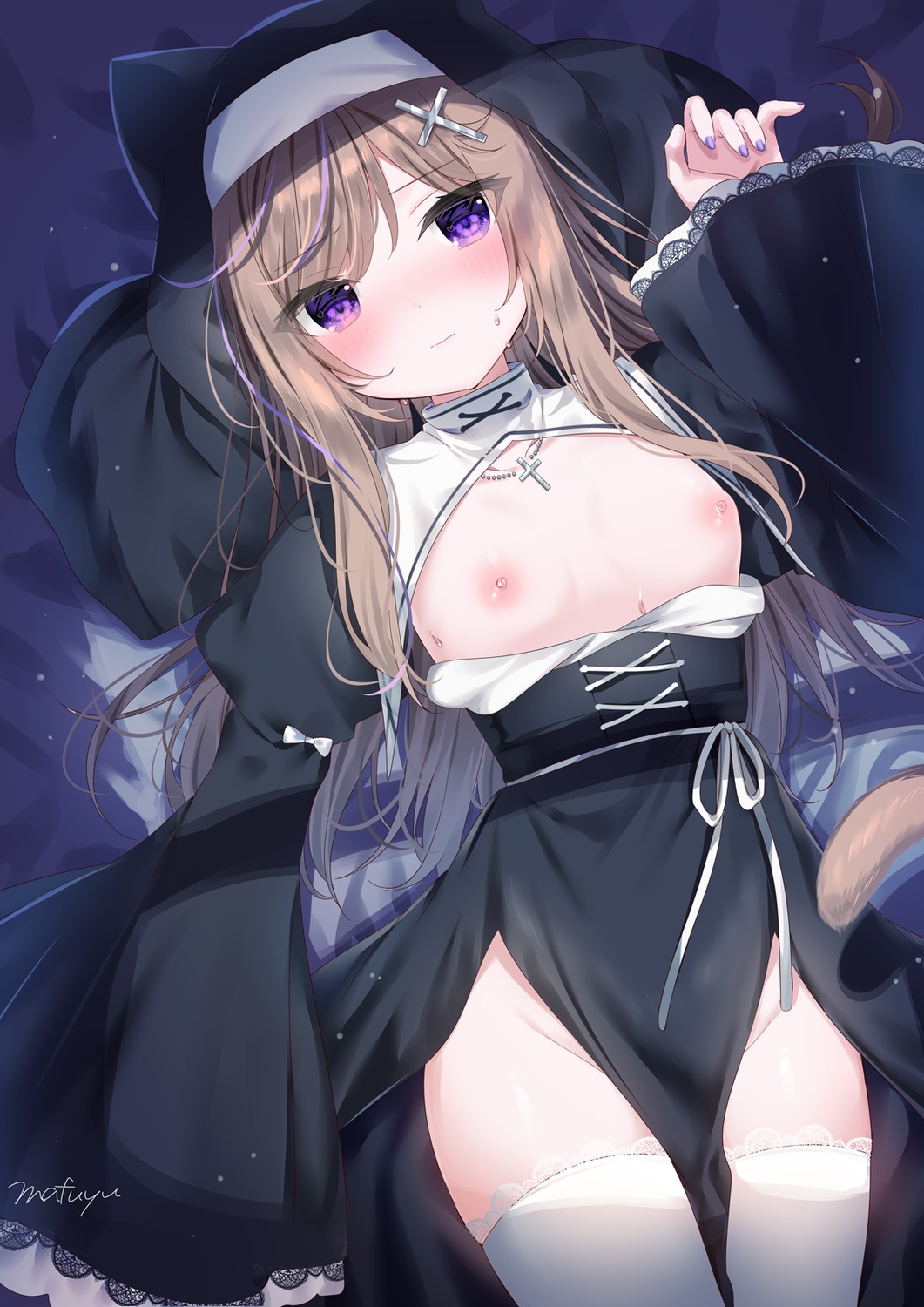 breasts mafuyu_(chibi21) nipples no_bra nopan nun tail thighhighs