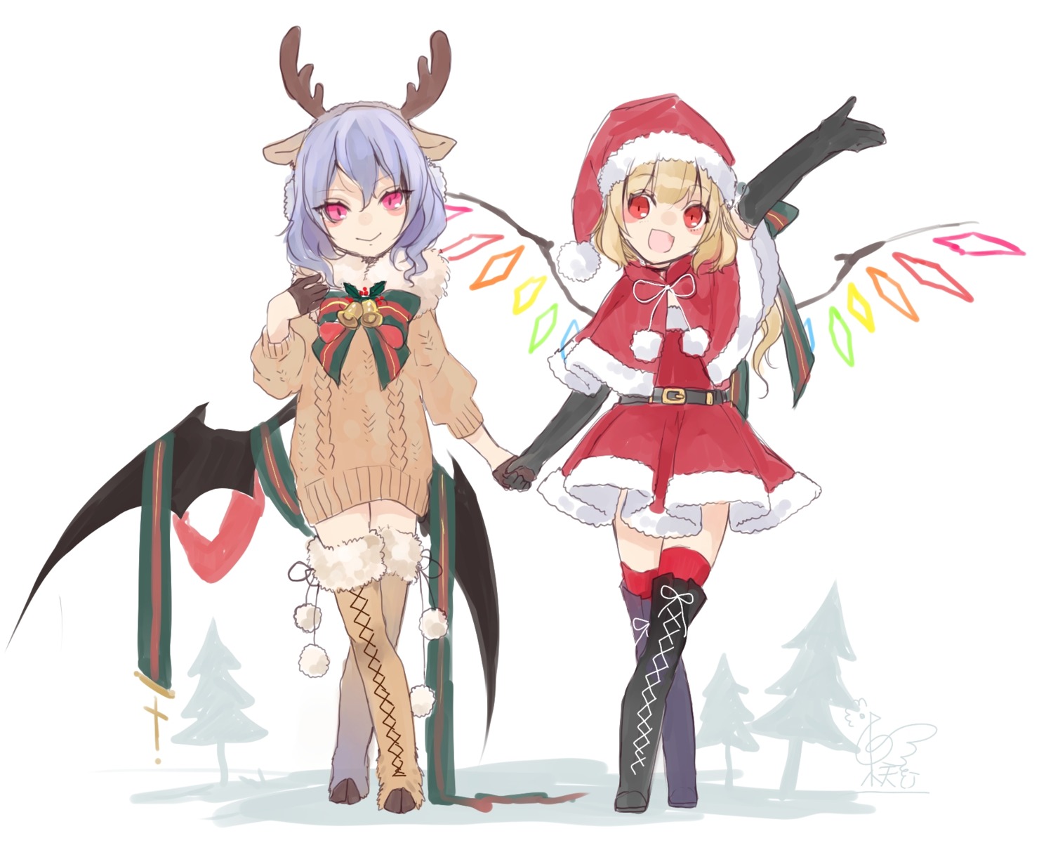 animal_ears christmas dress flandre_scarlet horns remilia_scarlet sweater thighhighs touhou toutenkou wings