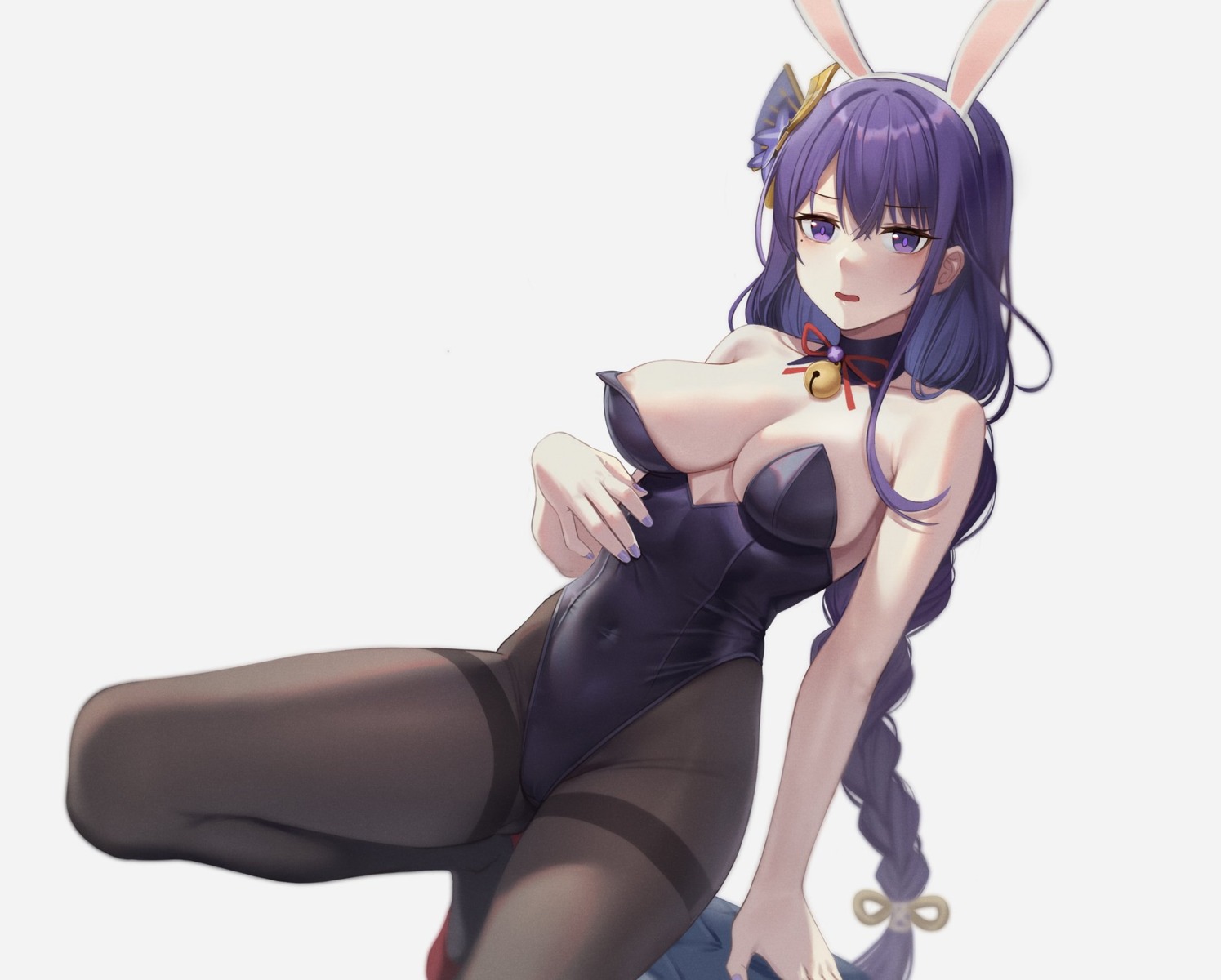 animal_ears areola bunny_ears bunny_girl genshin_impact jpeg_artifacts no_bra pantyhose raiden_shogun shoutai