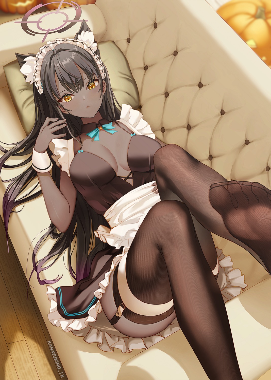 animal_ears blue_archive feet halo kakudate_karin kana_yukino maid no_bra skirt_lift stockings thighhighs