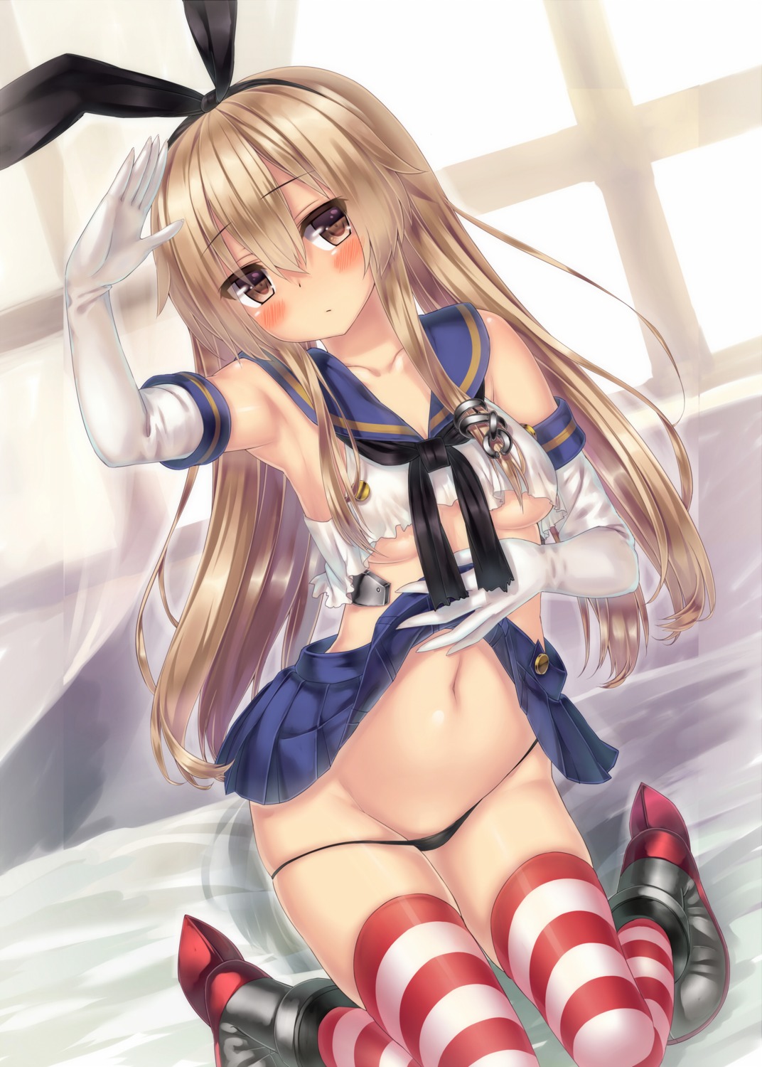 kantai_collection pantsu panty_pull shimakaze_(kancolle) skirt_lift thighhighs torn_clothes underboob zazazazazazawa