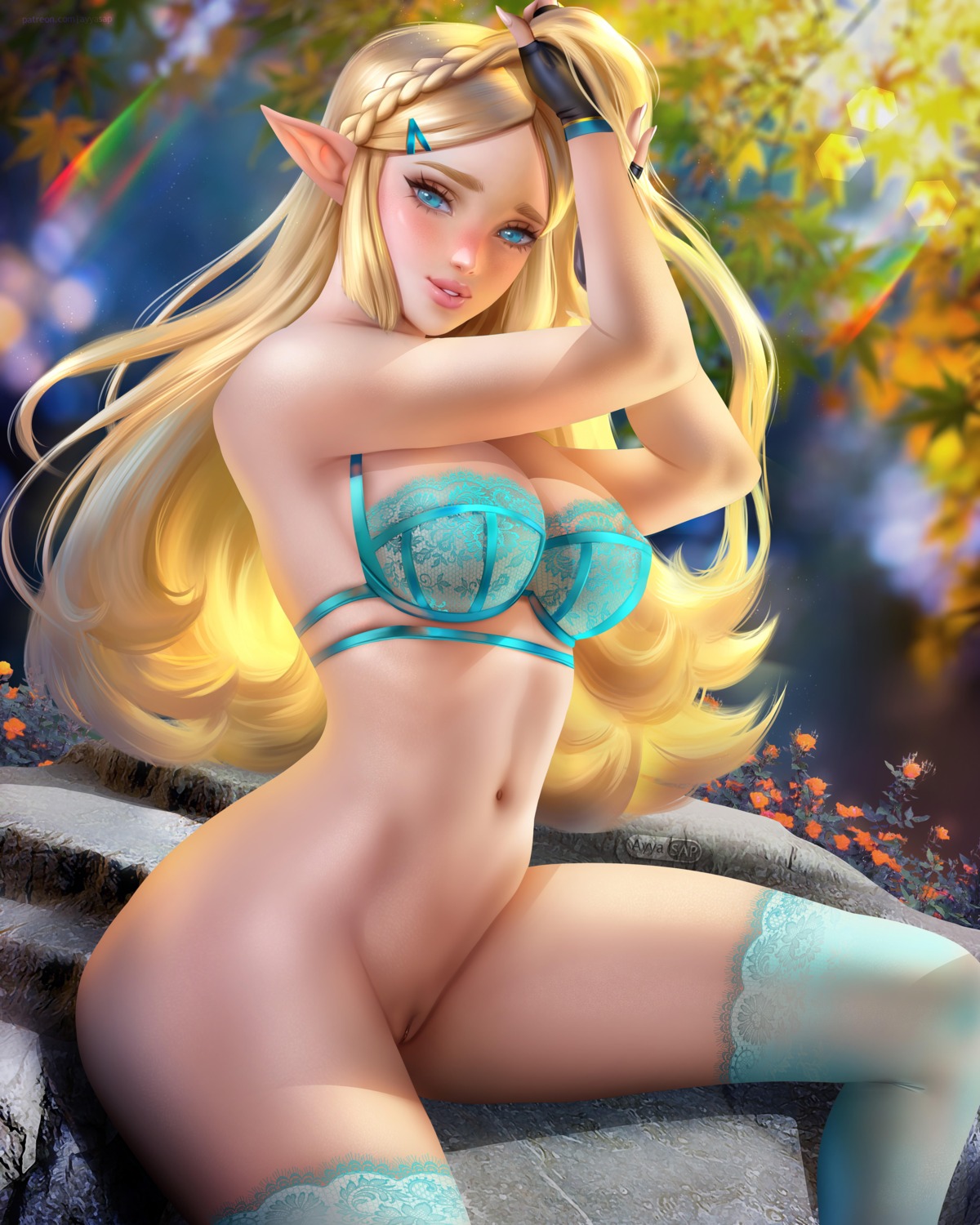 ayyasap bottomless bra pointy_ears princess_zelda pussy the_legend_of_zelda thighhighs uncensored