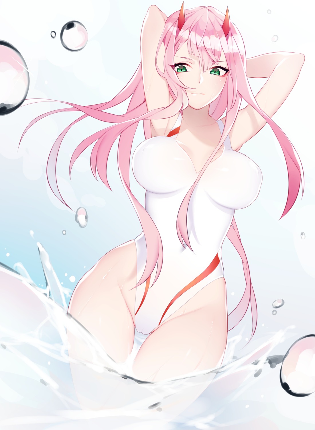 cameltoe cleavage darling_in_the_franxx horns nanoless swimsuits wet zero_two_(darling_in_the_franxx)