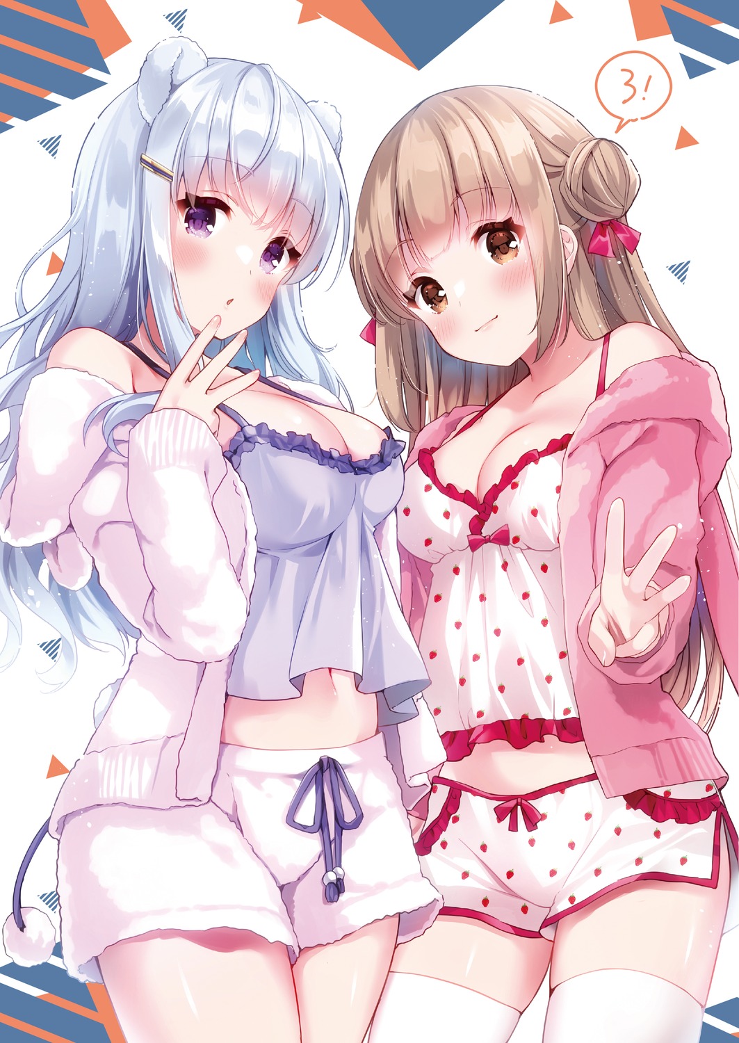 animal_ears koharu_(koiko_irori) koiko_irori lingerie marie_(koiko_irori) no_bra pajama tail thighhighs