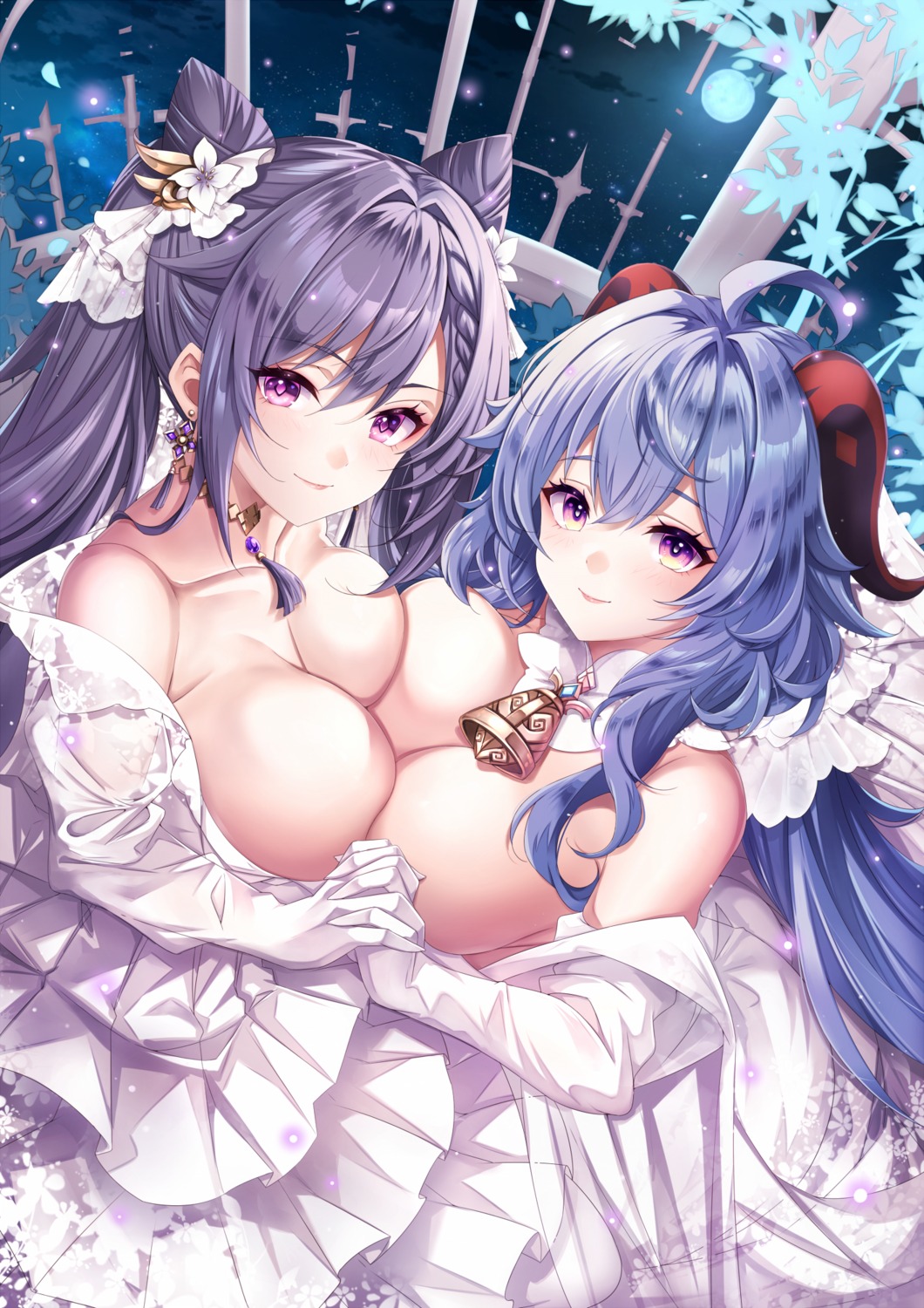 aata1007 breasts dress ganyu genshin_impact horns keqing no_bra see_through symmetrical_docking wedding_dress