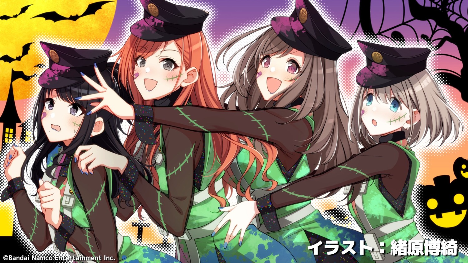 arisugawa_natsuha bandai_namco bandaid endcard halloween kazano_hiori ohara_hiroki serizawa_asahi tattoo the_idolm@ster the_idolm@ster_shiny_colors tsukioka_kogane uniform