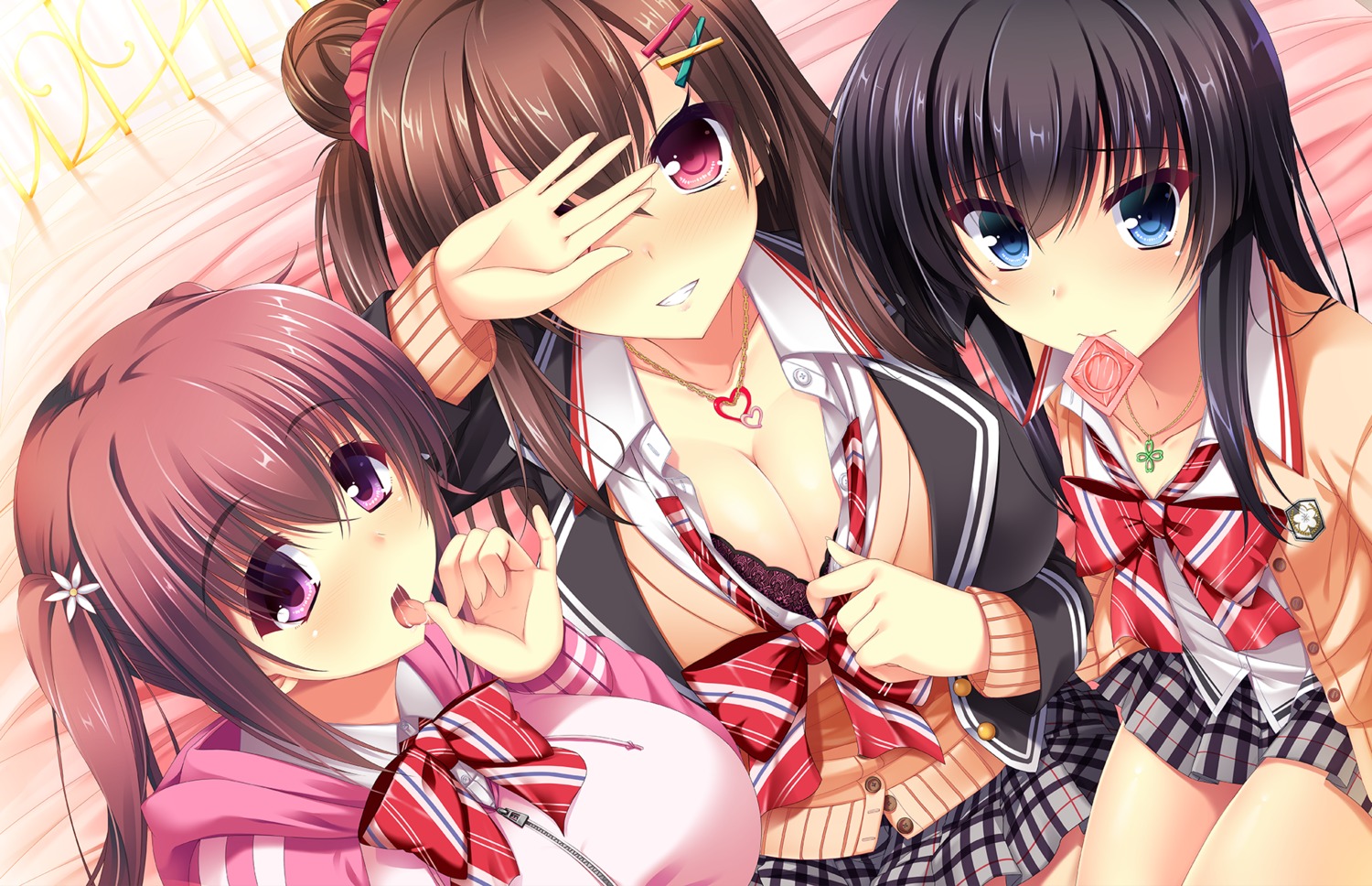 amasaki_ayame aoki_minami bra cleavage jitaku_studio miyanoue_kanna open_shirt real_eroge_situation! satogami_yuri seifuku sweater taiki_ken undressing