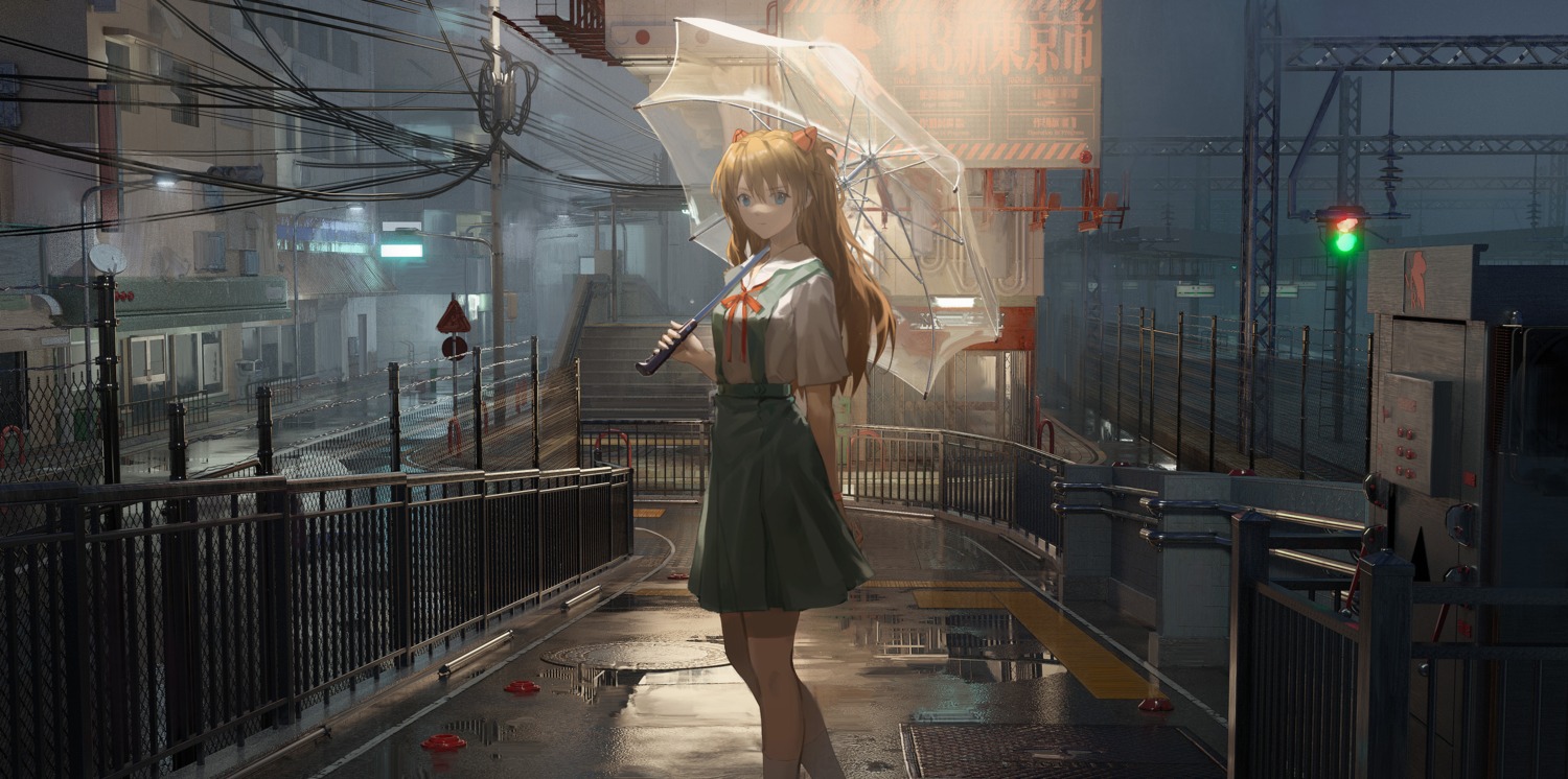 ata-zhubo landscape neon_genesis_evangelion seifuku souryuu_asuka_langley umbrella