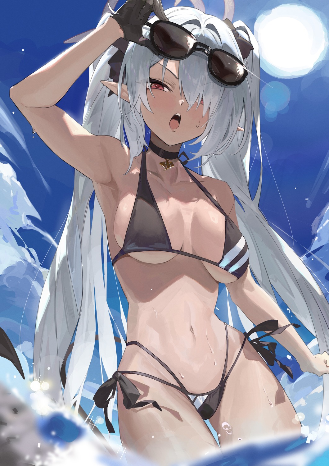 bikini blue_archive halo lemoneko megane pointy_ears shiromi_iori swimsuits tail thong wet