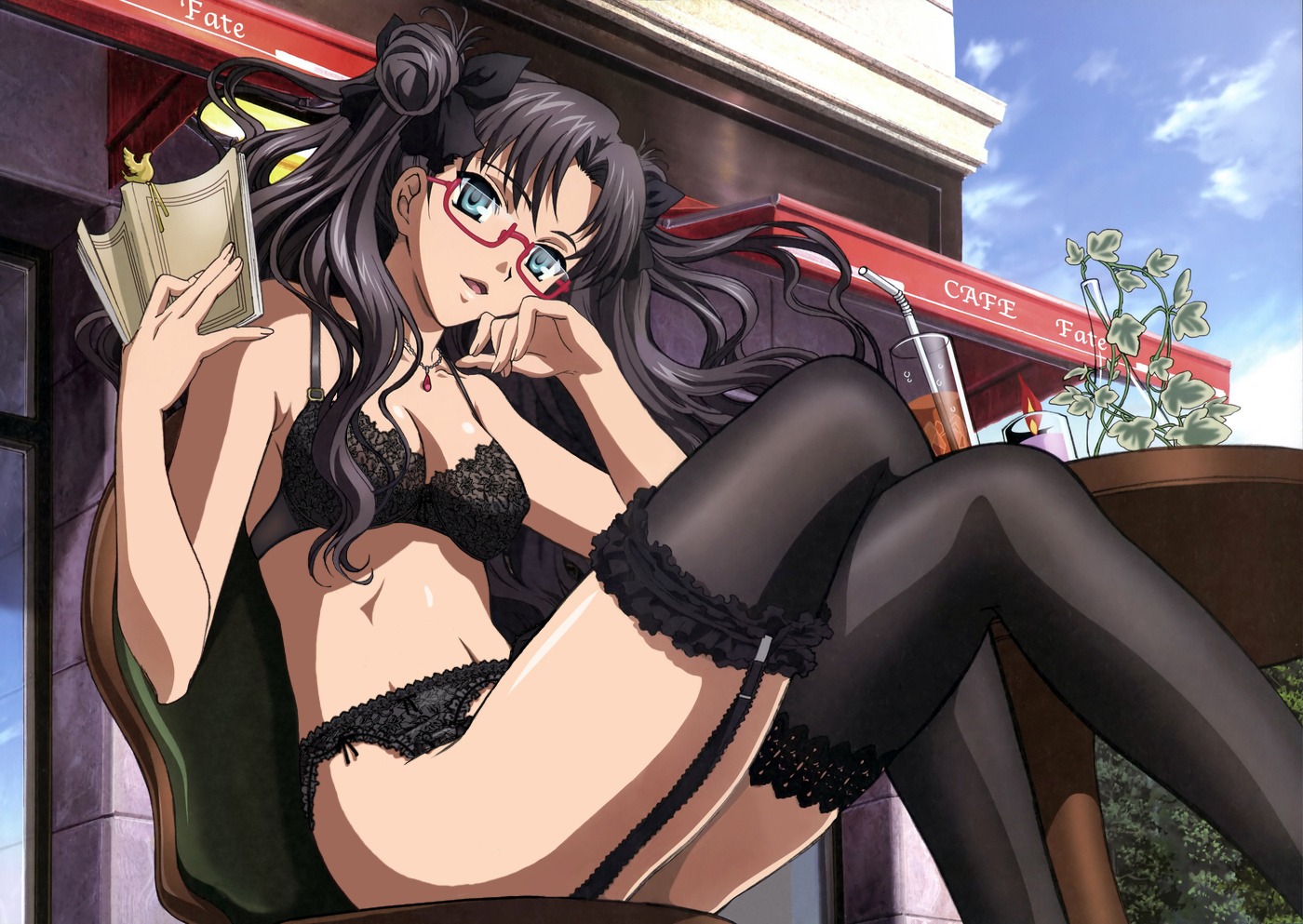 bra cleavage fate/stay_night garter_belt lingerie megane nishida_asako nopan photoshop stockings thighhighs toosaka_rin