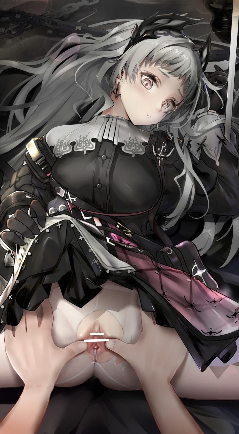 arknights censored epicnoob278 irene_(arknights) nopan pantyhose pussy pussy_juice skirt_lift torn_clothes