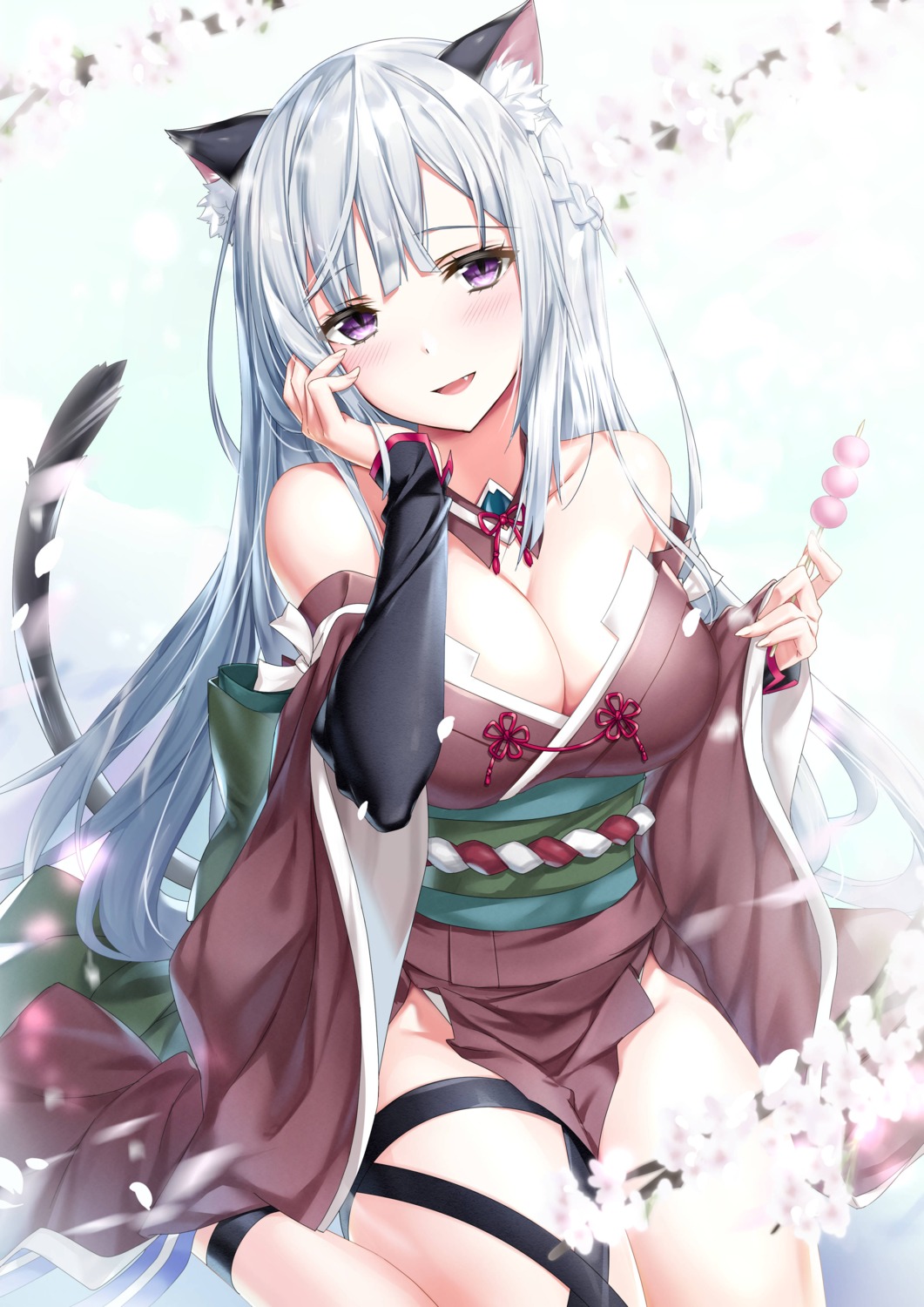 animal_ears cleavage garter japanese_clothes jpeg_artifacts kyariko nekomimi no_bra tail