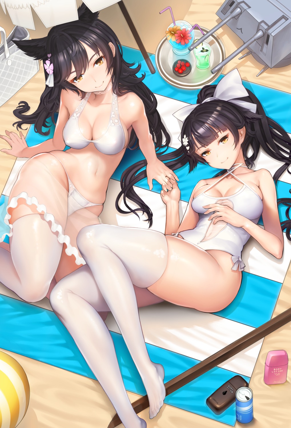 animal_ears atago_(azur_lane) azur_lane bikini cleavage qbase00 see_through swimsuits takao_(azur_lane) thighhighs