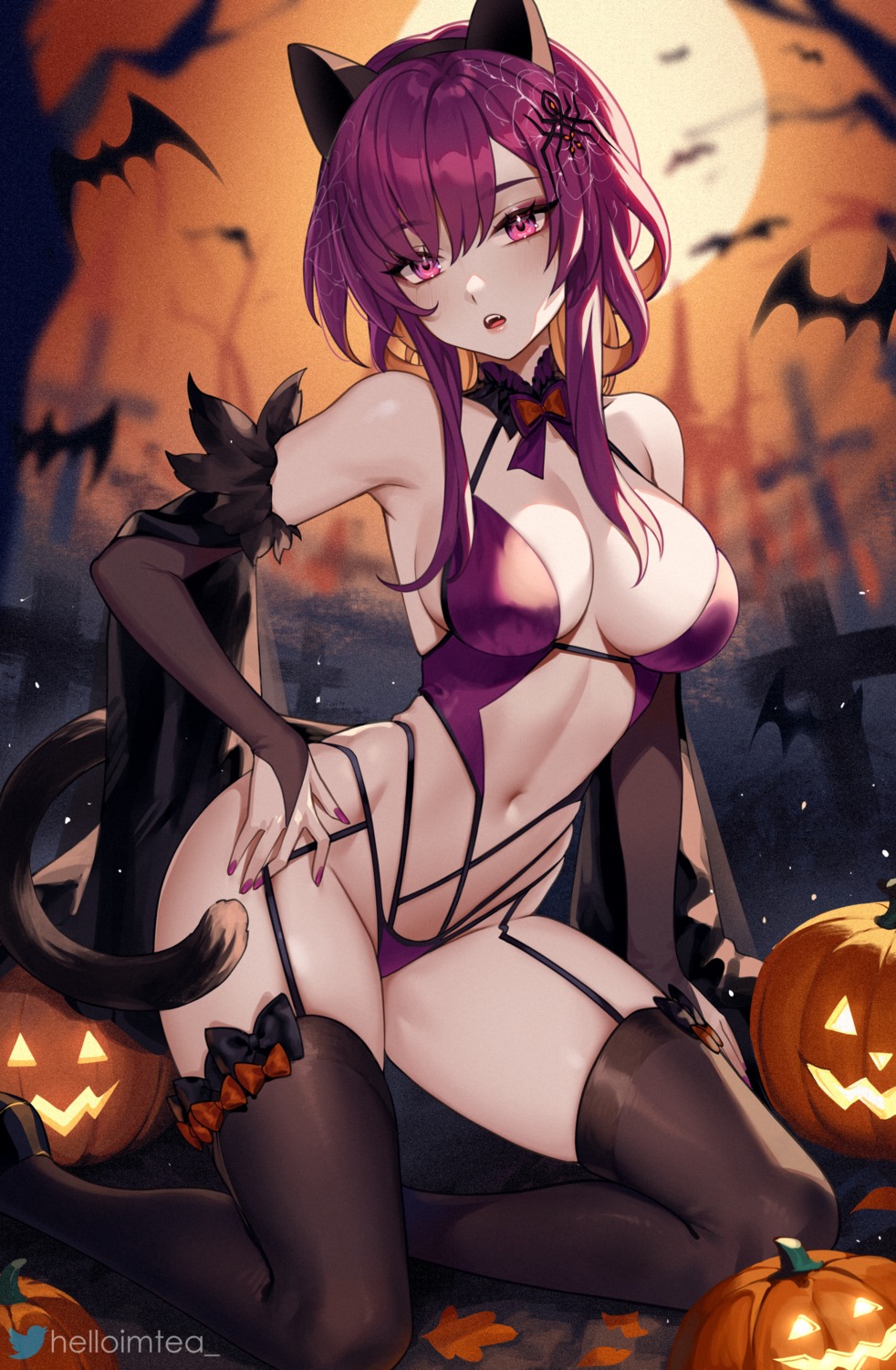 animal_ears halloween helloimtea honkai:_star_rail kafka_(honkai:_star_rail) nekomimi no_bra stockings tail thighhighs