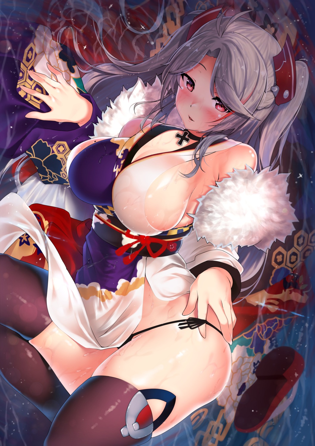 azur_lane japanese_clothes kawai no_bra pantsu prinz_eugen_(azur_lane) see_through skirt_lift string_panties thighhighs undressing wet wet_clothes