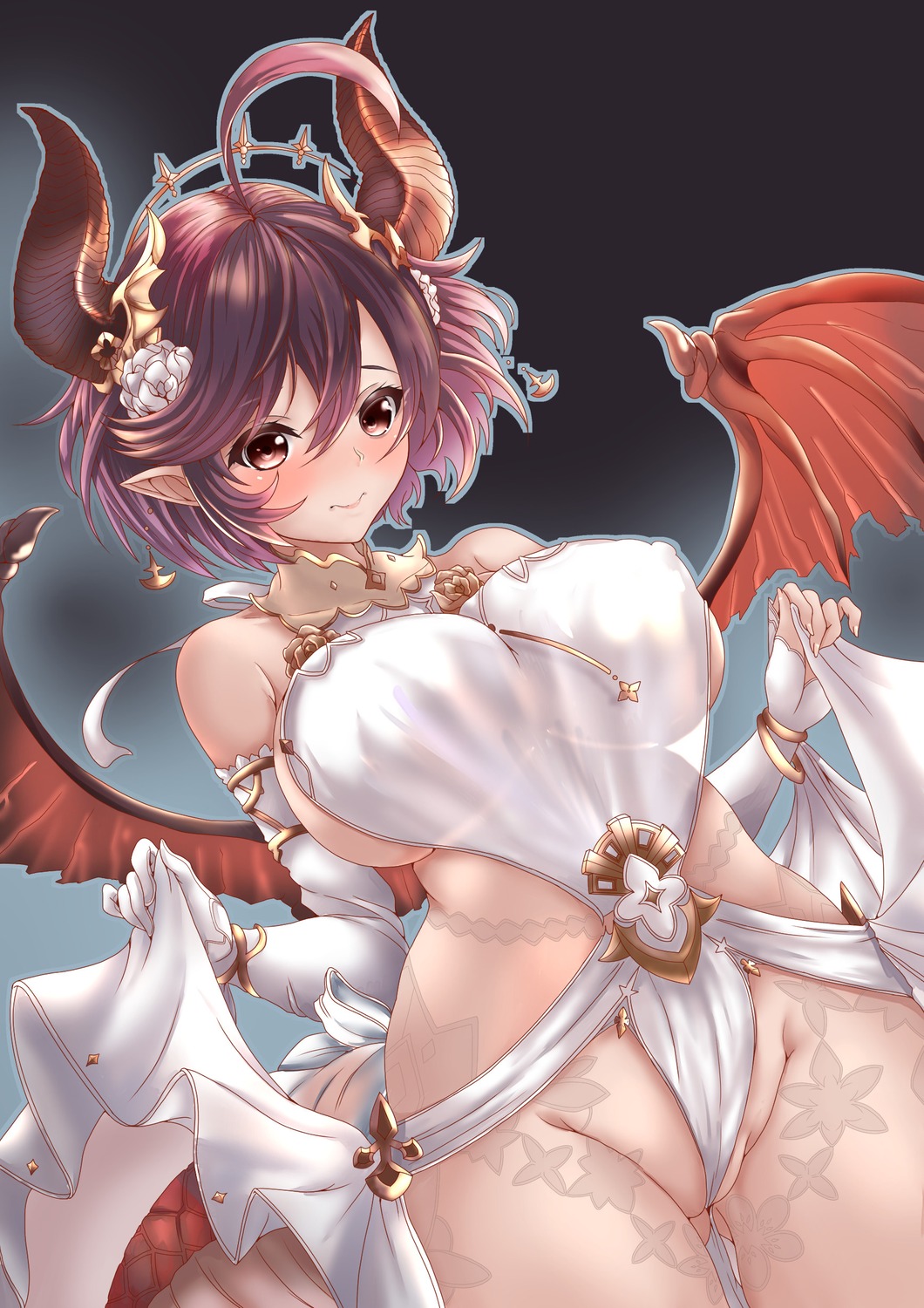 cameltoe erect_nipples granblue_fantasy grea horns kuga_zankurou leotard no_bra pointy_ears see_through shingeki_no_bahamut skirt_lift tail tattoo wings