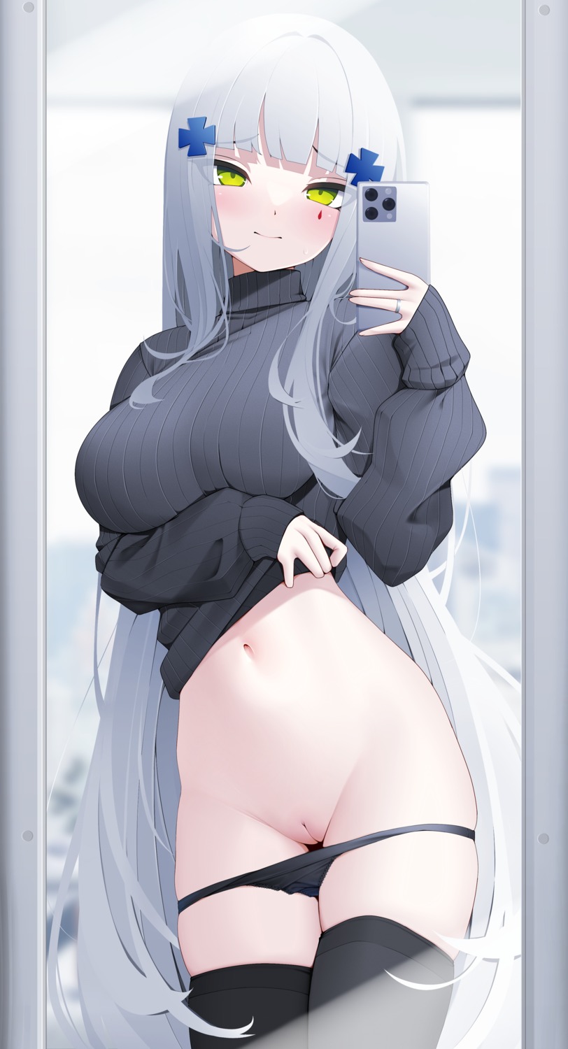 girls_frontline hk416_(girls_frontline) pantsu panty_pull pussy selfie sweater thighhighs uncensored z.taiga