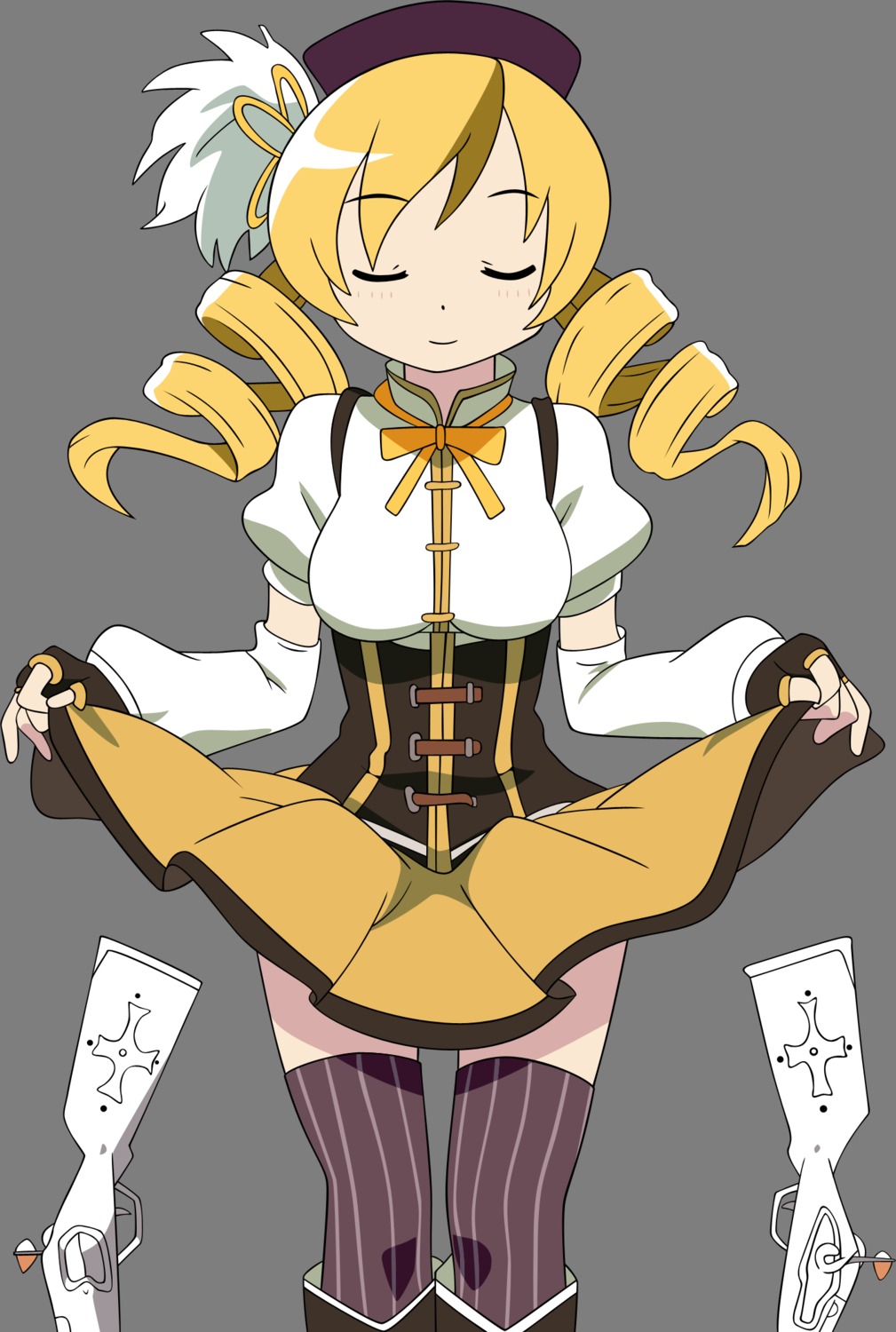 gun mahou_shoujo_madoka_magica skirt_lift thighhighs tomoe_mami transparent_png vector_trace