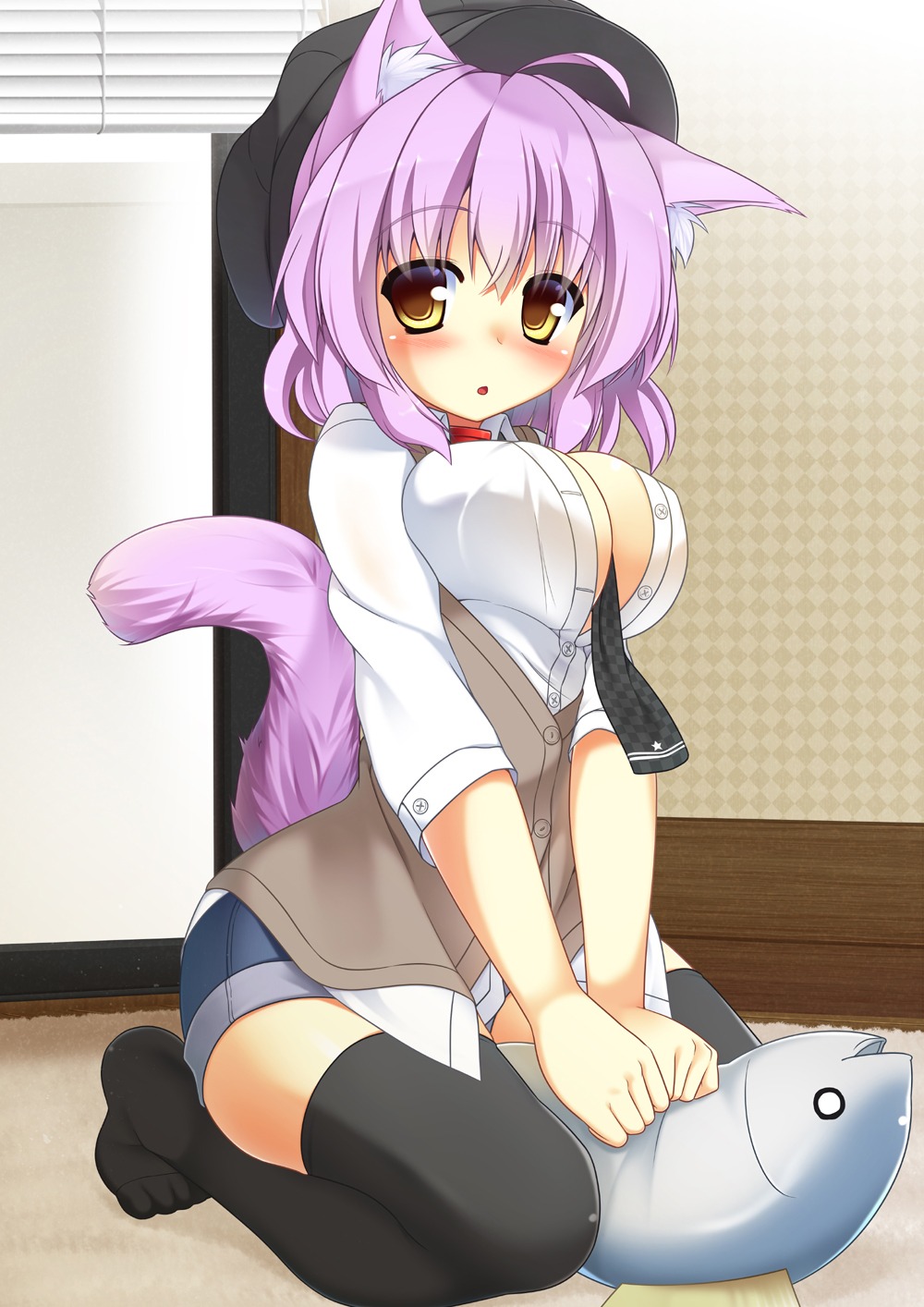 animal_ears cleavage nekomimi no_bra shirasu_youichi tail thighhighs