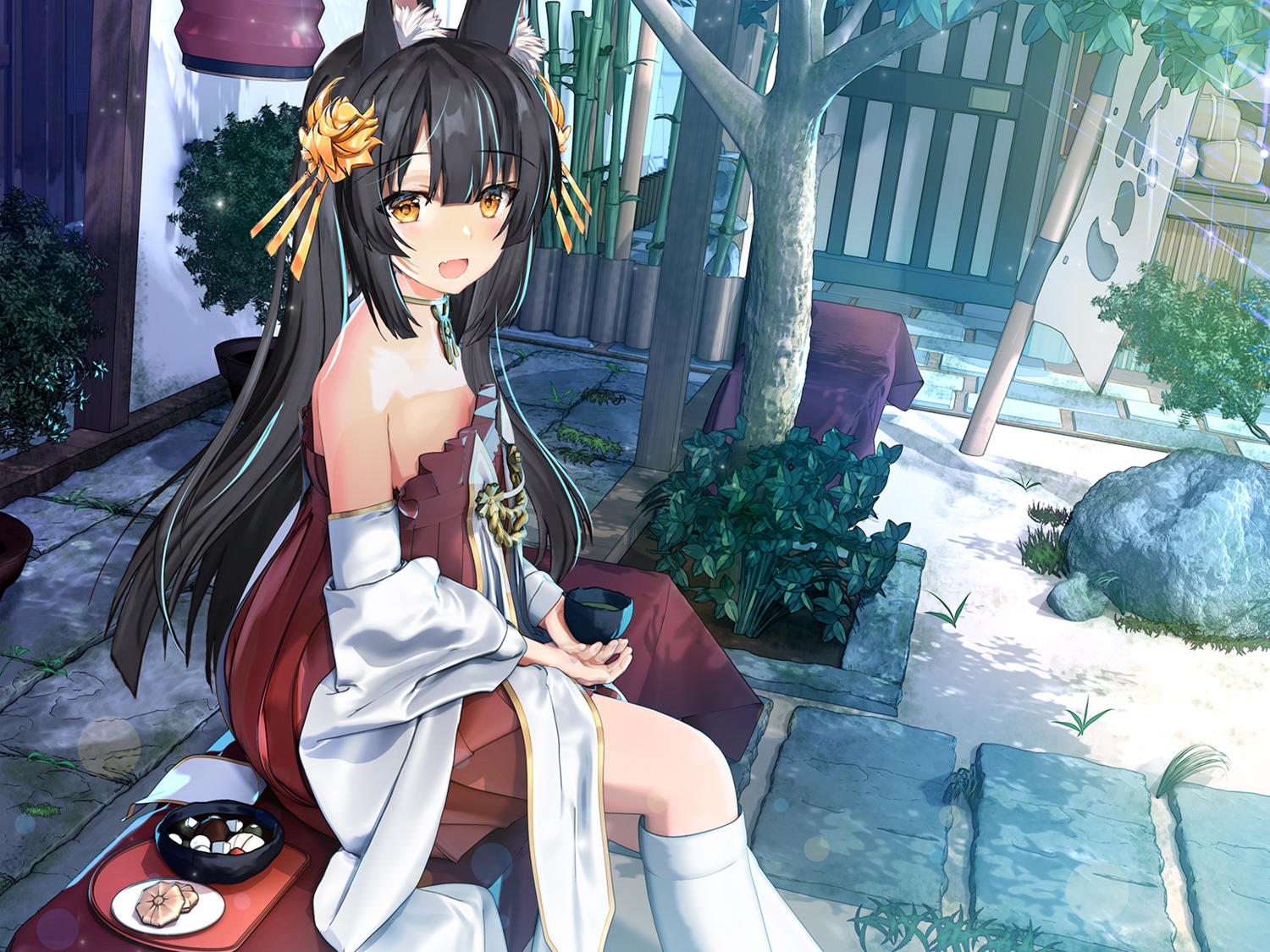 animal_ears azur_lane japanese_clothes nagato_(azur_lane) no_bra sugita_ranpaku wallpaper