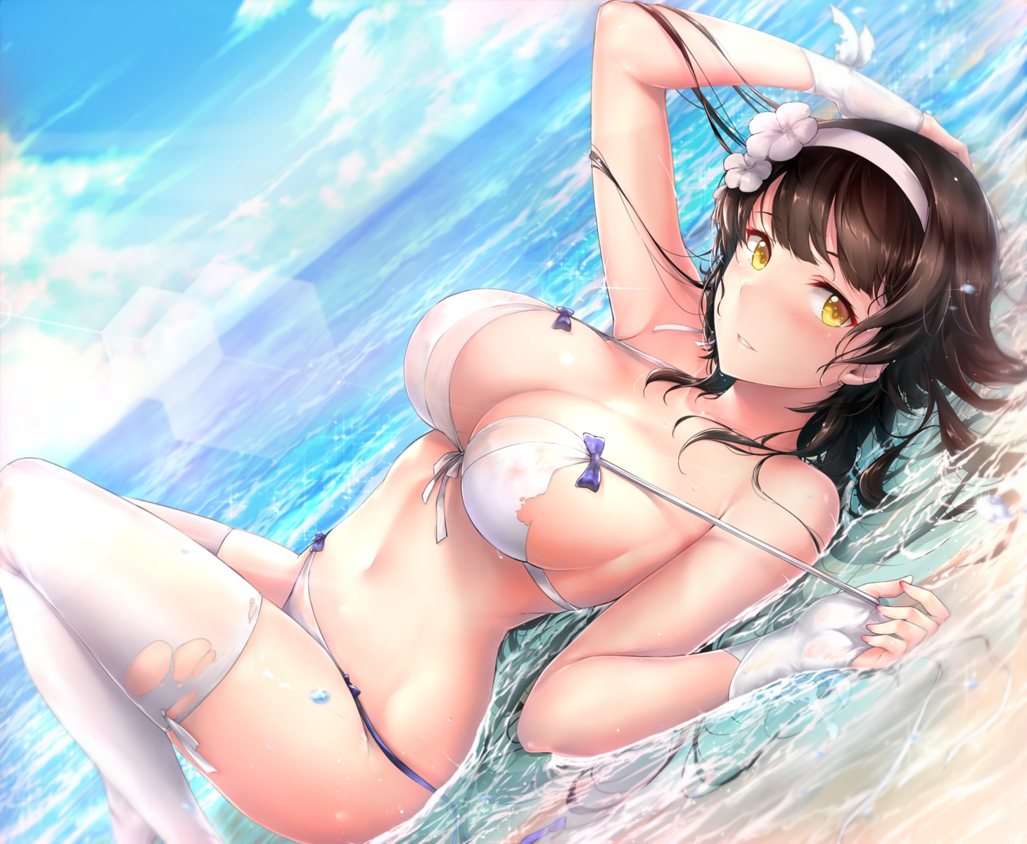 bikini cleavage girls_frontline qbz-95_(girls_frontline) rei_kun see_through swimsuits thighhighs torn_clothes undressing wet