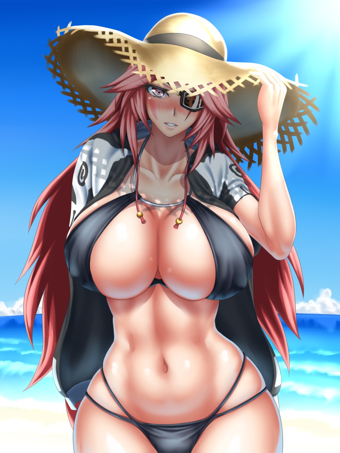 baiken bikini erect_nipples eyepatch guilty_gear guilty_gear_xrd open_shirt swimsuits tama_(tamakaka1031)