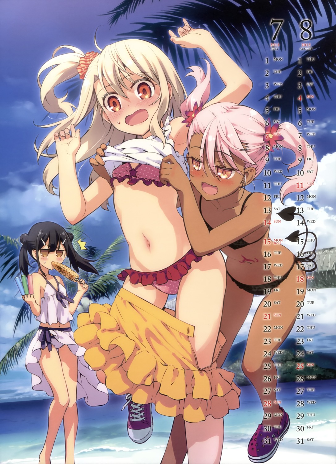 bikini calendar chloe_von_einzbern devil fate/kaleid_liner_prisma_illya fate/stay_night hiroyama_hiroshi illyasviel_von_einzbern loli miyu_edelfelt shirt_lift swimsuits tail type-moon underboob undressing yuri