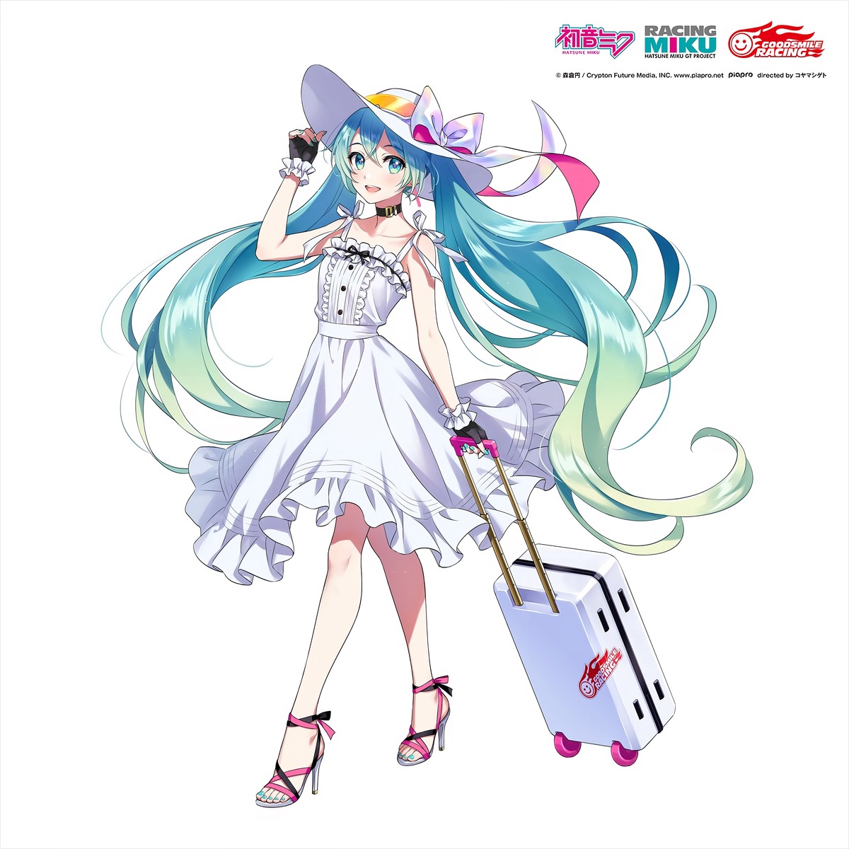 dress goodsmile_racing hatsune_miku heels morikura_en no_bra racing_miku skirt_lift summer_dress vocaloid