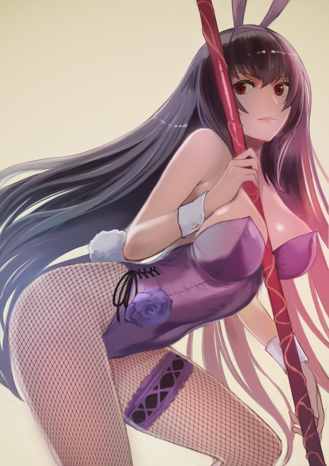 animal_ears bunny_ears bunny_girl dai00888 fate/grand_order fishnets garter no_bra pantyhose scathach_(fate/grand_order) tail weapon