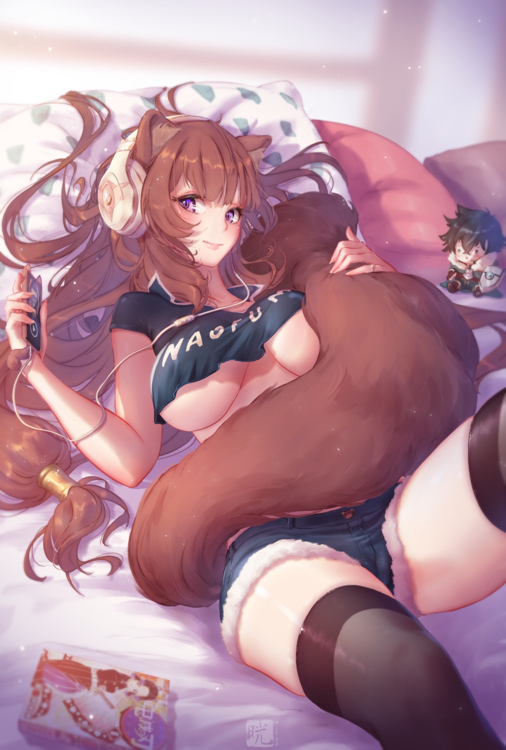 animal_ears chibi headphones mitsu_(mitsu_art) no_bra raphtalia shirt_lift tail tate_no_yuusha_no_nariagari thighhighs underboob