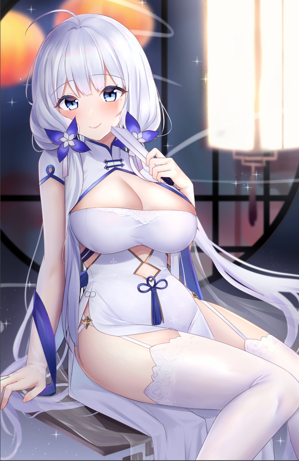 artist_revision azur_lane chinadress illustrious_(azur_lane) jyu-so no_bra stockings thighhighs